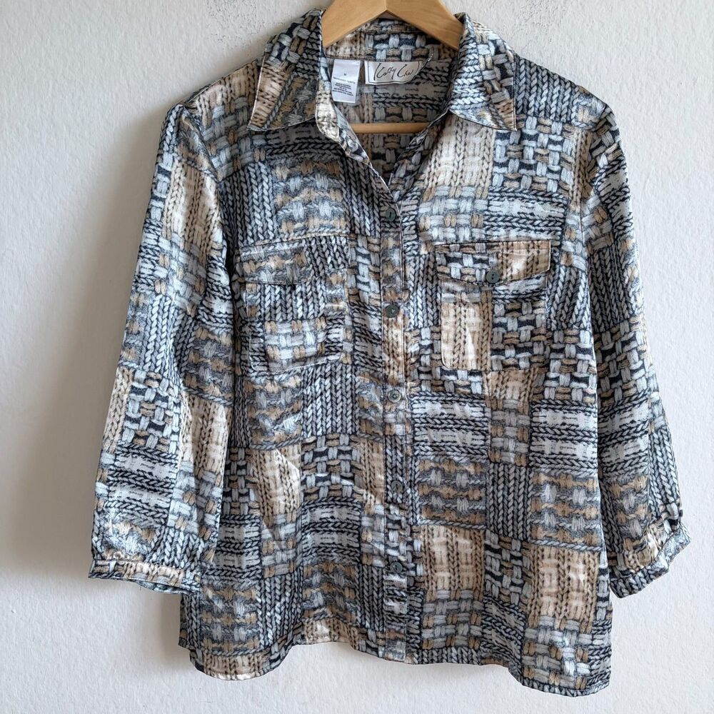 KATHY CHE Vintage 90s Gold Silver Rope Print Button Down Blouse Womens Medium